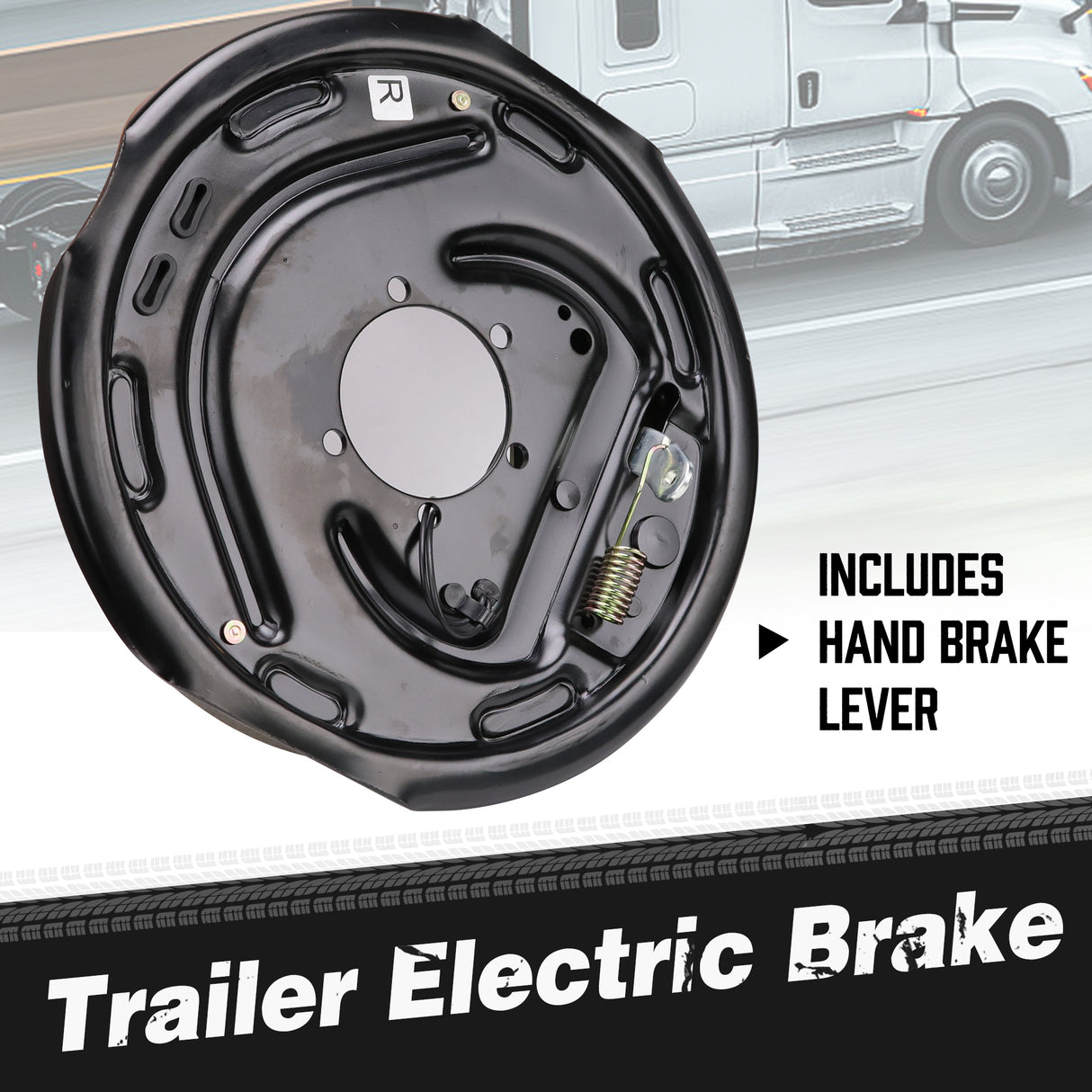 2-piece 12 inch trailer electric brake assembly with backing plate, brake shoes, electro-magnet, hand brake lever, adjuster screw and mounting holes