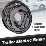 2-piece 12 inch trailer electric brake assembly with backing plate, brake shoes, electro-magnet, hand brake lever, adjuster screw and mounting holes