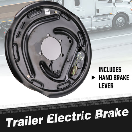 2-piece 12 inch trailer electric brake assembly with backing plate, brake shoes, electro-magnet, hand brake lever, adjuster screw and mounting holes