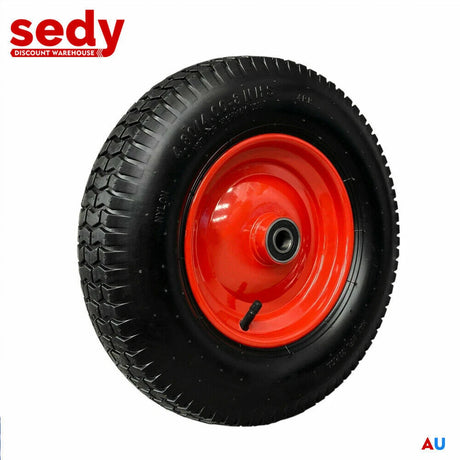 16 inch 4.80/4.00-8 pneumatic wheelbarrow trolley wheel with 25mm bore and red steel hub, heavy-duty replacement tyre