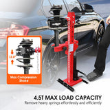 4.5 Ton hydraulic shock spring compressor with adjustable clamps and steel safety chain for car suspension and coil spring removal.