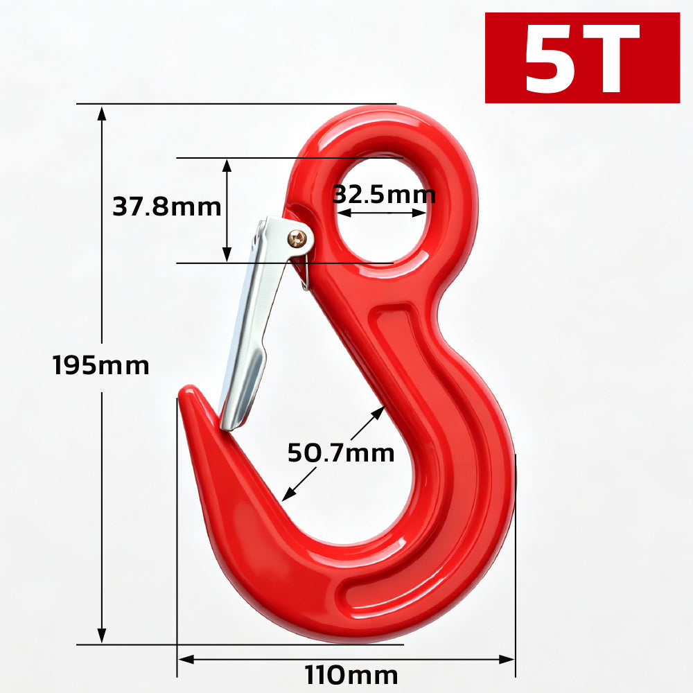 heavy-duty eye lifting hook with safety latch and red powder-coated finish for chain rigging, hoisting and material handling