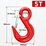 heavy-duty eye lifting hook with safety latch and red powder-coated finish for chain rigging, hoisting and material handling