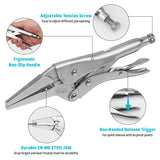 9.5-inch long nose locking pliers made of CR-MO steel with adjustable tension screw, quick release trigger and long narrow jaws