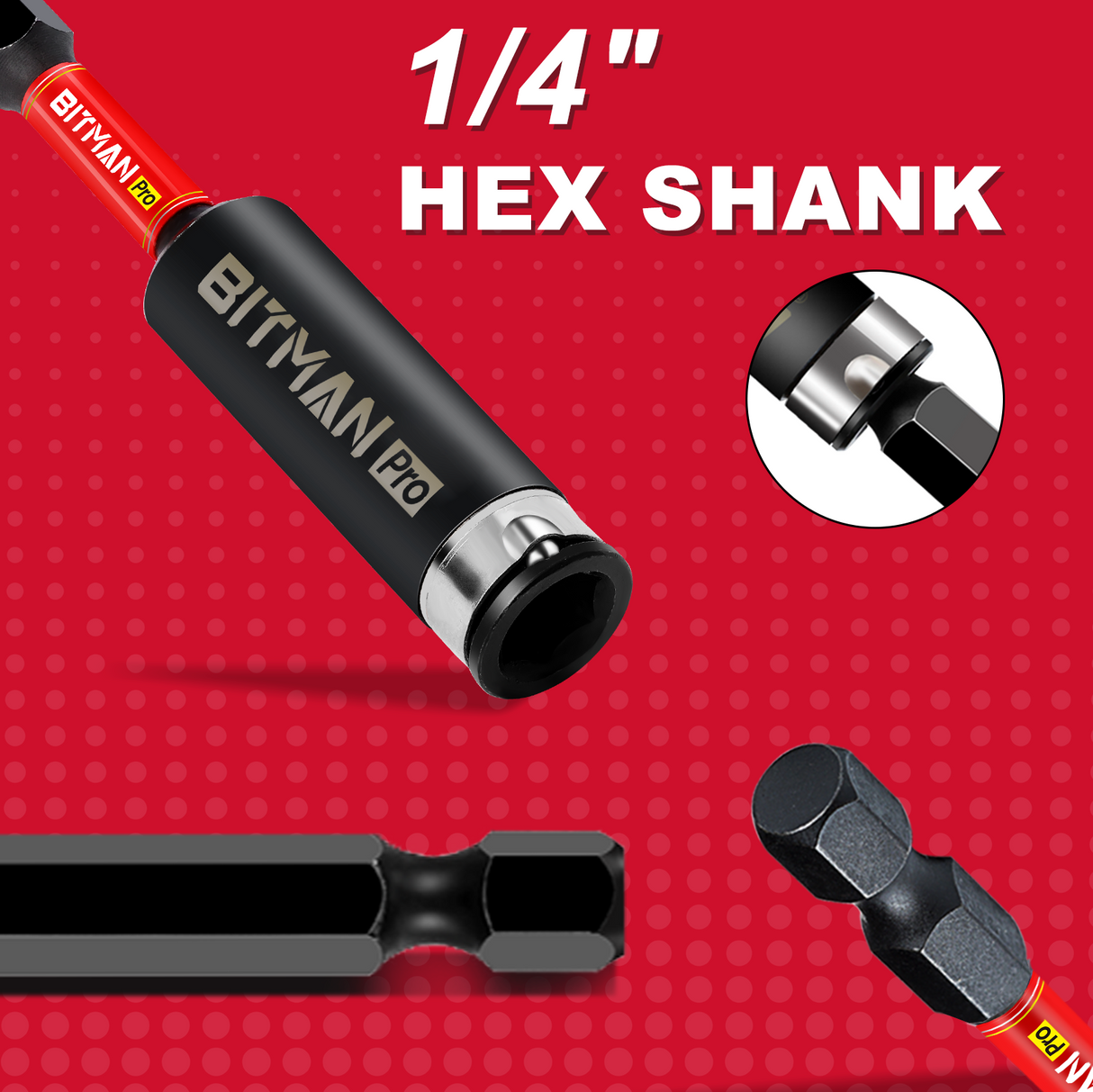 1/4 inch impact magnetic bit holder with quick change hex shank, double locking mechanism, strong magnetic tip and torsion zone, available in 2.5 inch, 3 inch and 6 inch lengths for impact drivers and power drills.