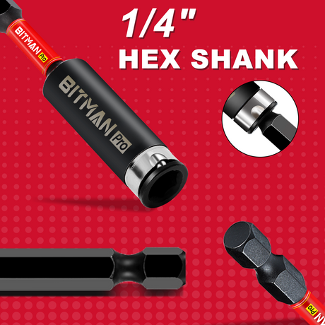 1/4 inch impact magnetic bit holder with quick change hex shank, double locking mechanism, strong magnetic tip and torsion zone, available in 2.5 inch, 3 inch and 6 inch lengths for impact drivers and power drills.