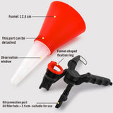 3-in-1 hands-free automotive oil funnel with adjustable clamp holder and transparent extension tube for engine oil changes and fluid filling