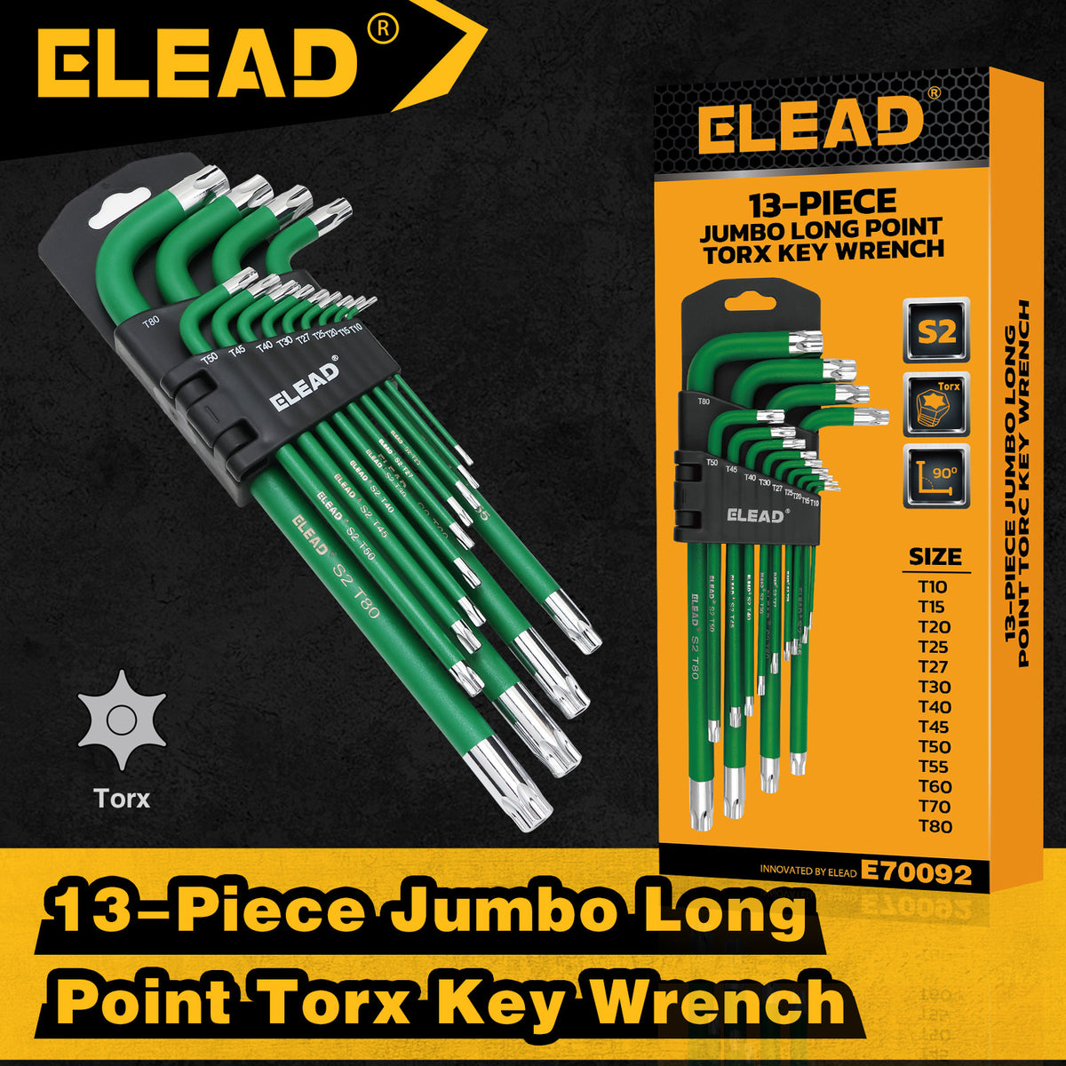 13-piece T10-T80 long arm Torx key set with L-shaped S2 steel star wrenches and green coated finish