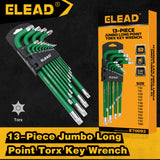 13-piece T10-T80 long arm Torx key set with L-shaped S2 steel star wrenches and green coated finish