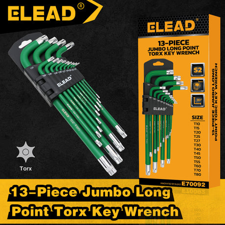 13-piece T10-T80 long arm Torx key set with L-shaped S2 steel star wrenches and green coated finish