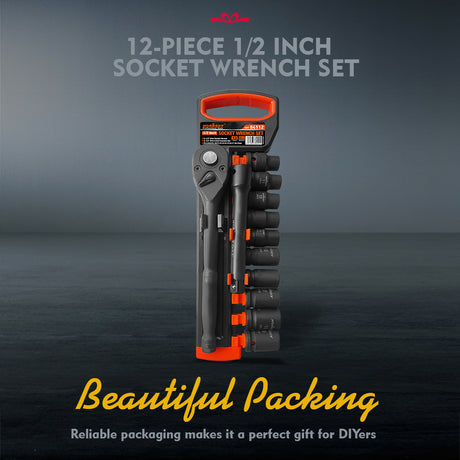 12-Piece 1/2" Drive Ratchet Socket Wrench Set with Metric Sockets 10-19mm, 72T Quick Release Ratchet, and 6" Extension Bar for Car and Garage Repair