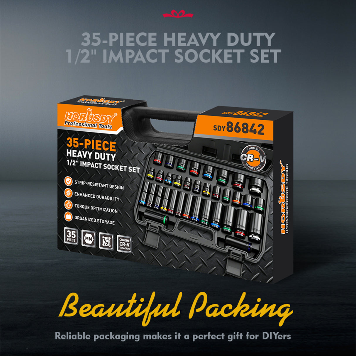 35-piece 1/2-inch drive metric impact socket set with 8-32mm CR-V 6-point deep and shallow sockets and carry case