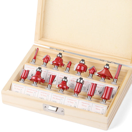 15-piece 1/4 inch shank router bit set in wooden storage case with straight, dovetail, cove, cove box, Roman ogee, corner round, chamfer, mortising and V-slot bits for woodworking