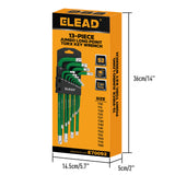 13-piece T10-T80 long arm Torx key set with L-shaped S2 steel star wrenches and green coated finish