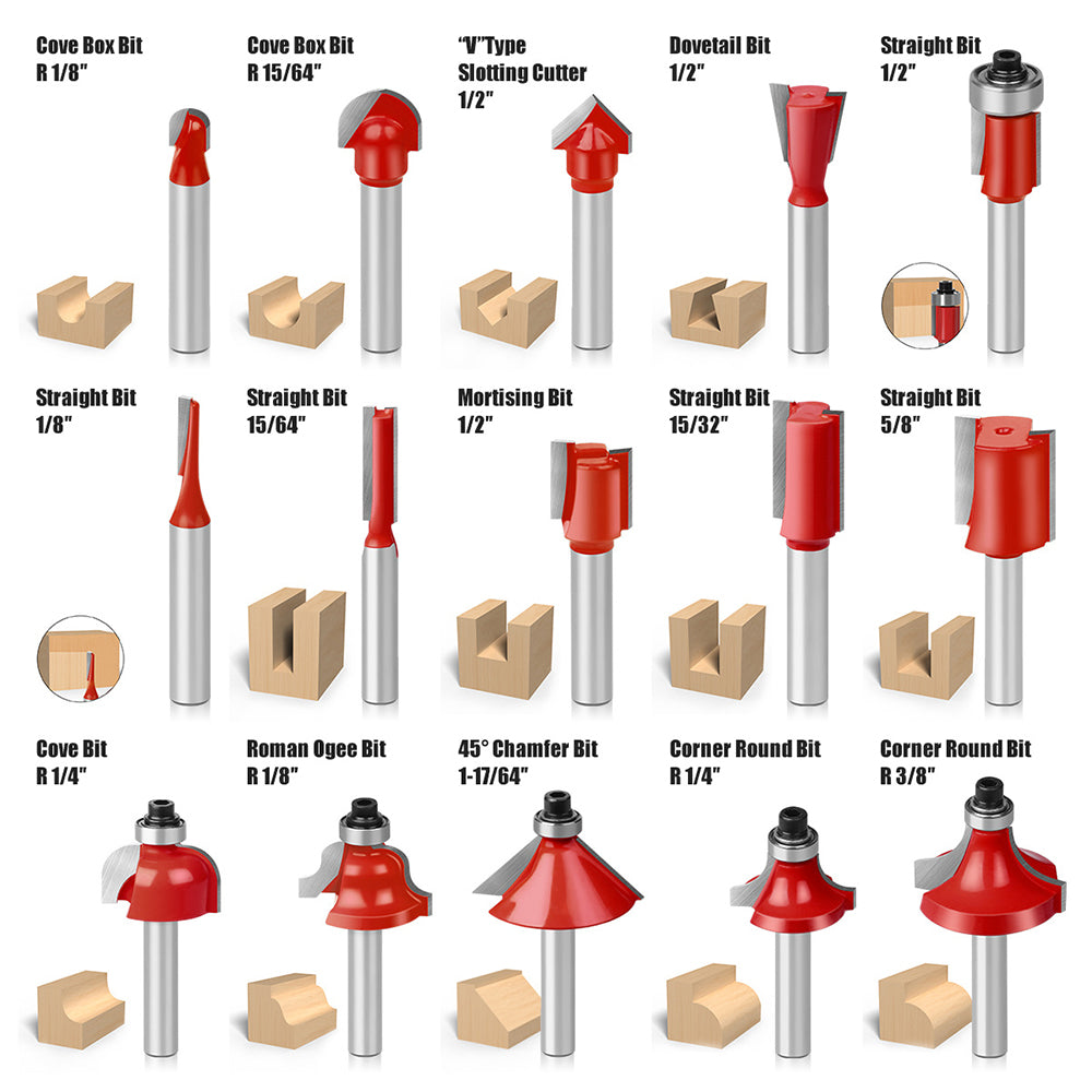 15-piece 1/4 inch shank router bit set in wooden storage case with straight, dovetail, cove, cove box, Roman ogee, corner round, chamfer, mortising and V-slot bits for woodworking