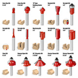 15-piece 1/4 inch shank router bit set in wooden storage case with straight, dovetail, cove, cove box, Roman ogee, corner round, chamfer, mortising and V-slot bits for woodworking