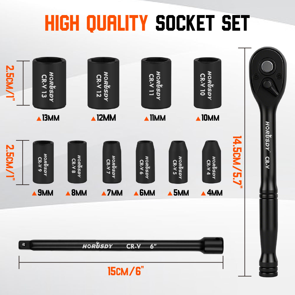 12-Piece 1/4 Inch Drive Ratchet Socket Wrench Set with Metric Sockets 4mm-13mm, 72 Tooth Quick Release Ratchet and 6 Inch Extension Bar