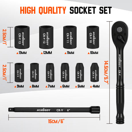 12-Piece 1/4 Inch Drive Ratchet Socket Wrench Set with Metric Sockets 4mm-13mm, 72 Tooth Quick Release Ratchet and 6 Inch Extension Bar
