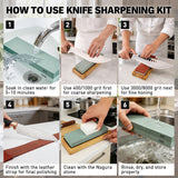 10-piece knife sharpening stone kit with 400/1000 and 3000/8000 grit whetstones, bamboo base, rubber bases, angle guide, Nagura stone, leather strop, cleaning towel and cut resistant gloves