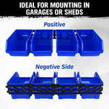 Robust Wall Mounted Bins Rack featuring 8 orange stackable plastic storage trays and 3 plastic racking, ideal for organizing small parts, tools, fishing tackle, and craft supplies. Designed to mount easily on pegboard, slot wall, or wooden studs, offering a versatile and space-saving solution for any workshop, garage, or hobby room