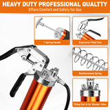 18-piece pistol grip grease gun kit with 8000 PSI pressure, flexible hose, lock coupler and multiple grease fittings