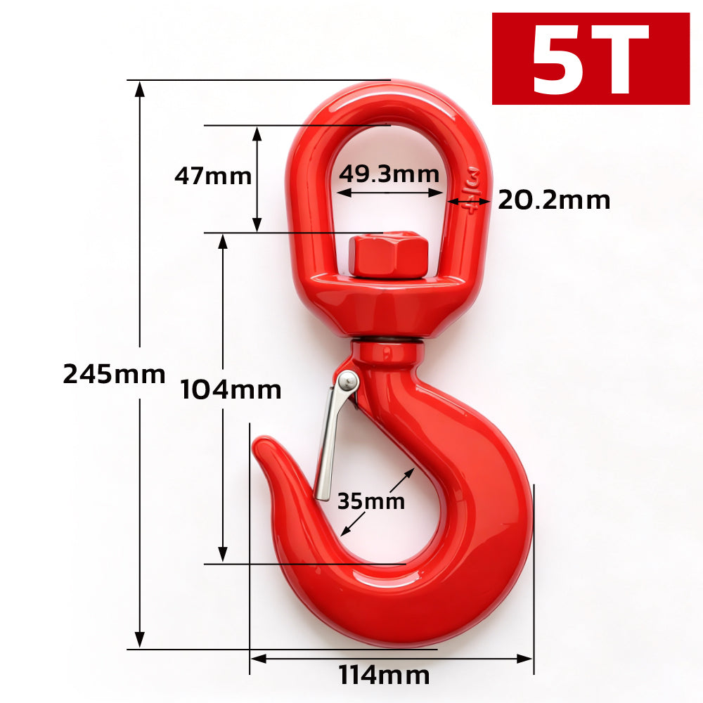 heavy-duty swivel lifting hook with safety latch and red powder-coated finish for rigging, hoisting and material handling