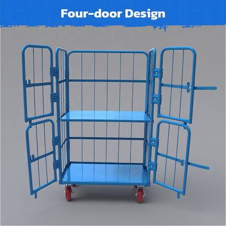 Heavy duty 4-door warehouse cage trolley with mesh panels, swivel wheels and brake function for logistics, storage and transport