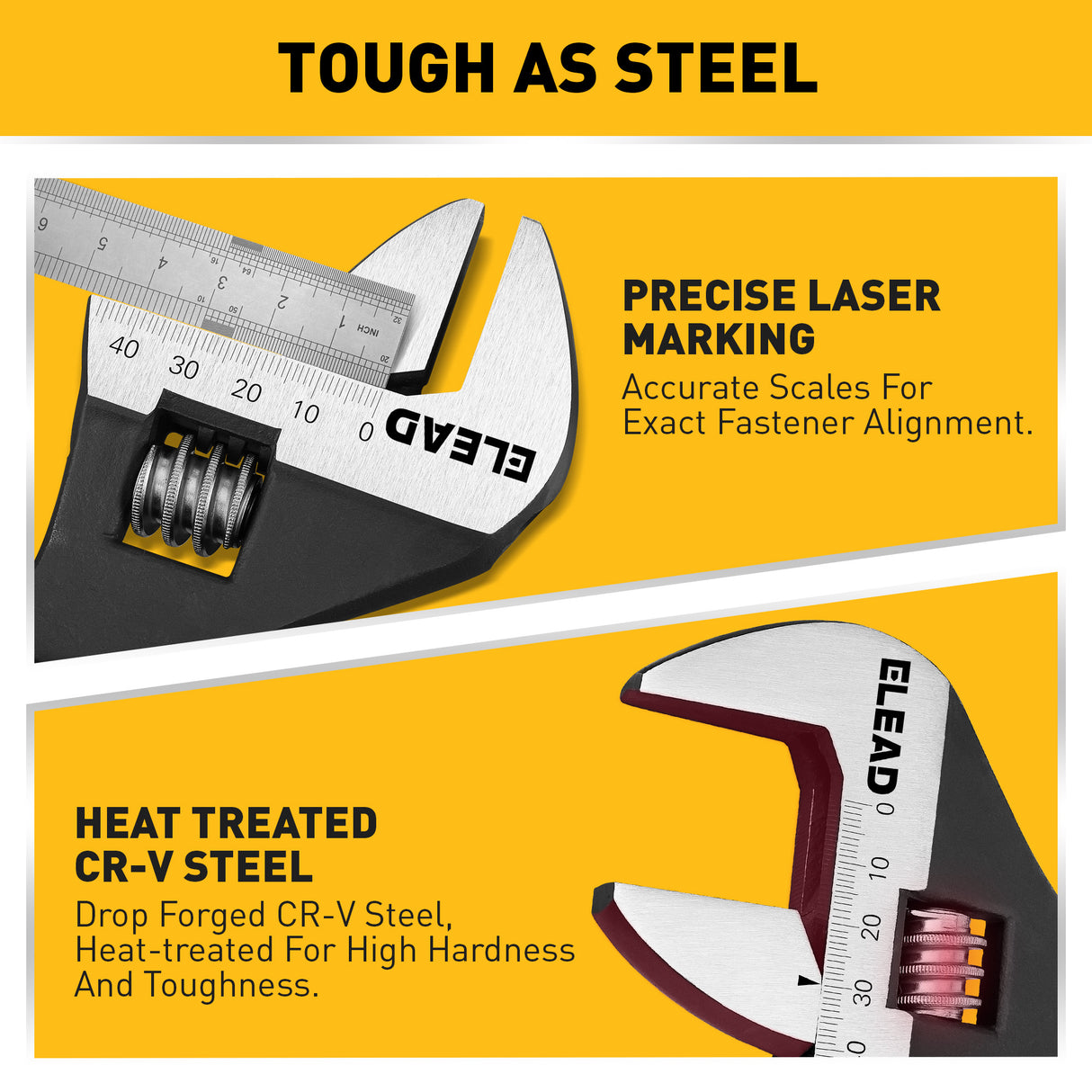 3-piece adjustable spud wrench set with 10, 12 and 16 inch CR-V steel wrenches, tapered pry bar handles and SAE metric scales