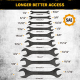 19-piece super-thin open end wrench set with 3mm slim profile, SAE and metric sizes, chrome vanadium steel construction, four-point open ends, and rolling tool pouch
