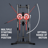 plate loaded lateral raise machine with adjustable arms, headrest, pulley system and steel frame for home gym shoulder training