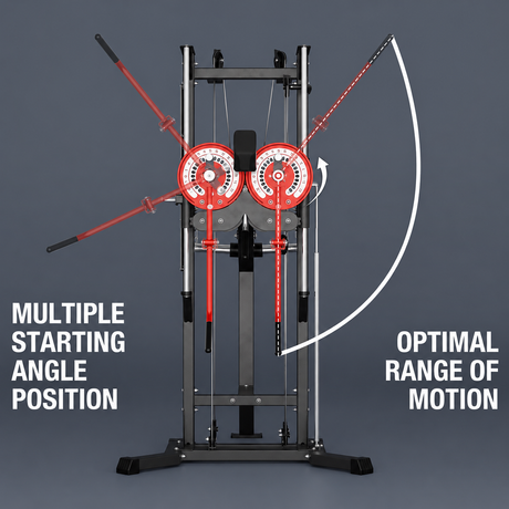 plate loaded lateral raise machine with adjustable arms, headrest, pulley system and steel frame for home gym shoulder training