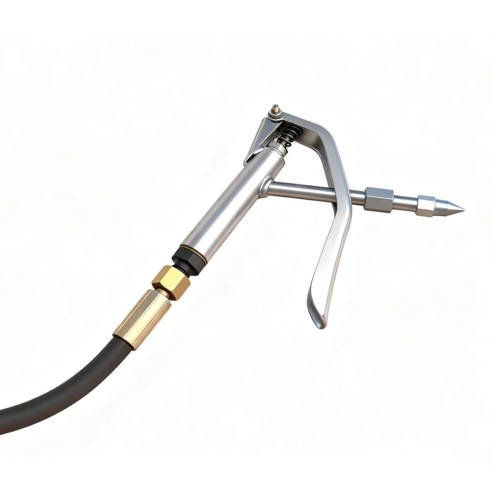 6L black foot-operated grease injector with reinforced hose and metal nozzle
