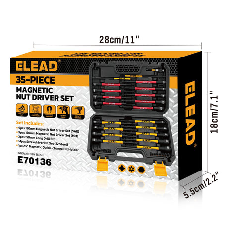 35 piece magnetic nut driver set metric and SAE 1/4 inch hex shank impact compatible with storage case