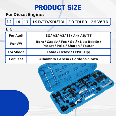 diesel engine timing tool kit for VW Audi Skoda Seat 34pcs TDI timing locking tools camshaft crankshaft alignment set with case