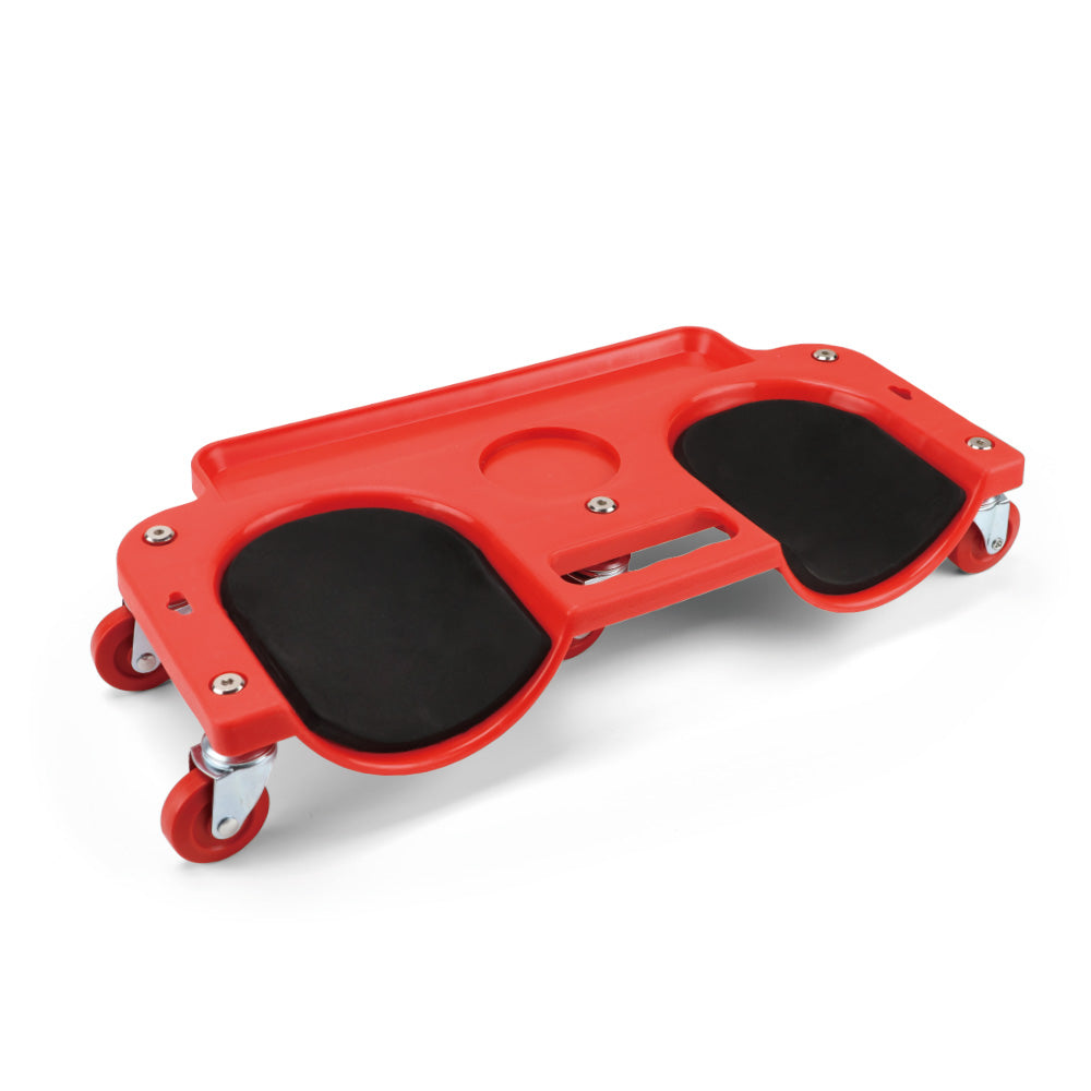 Rolling magnetic creeper seat with cushioned pads, tool organizer tray, and 360° swivel wheels for comfortable garage and workshop use.