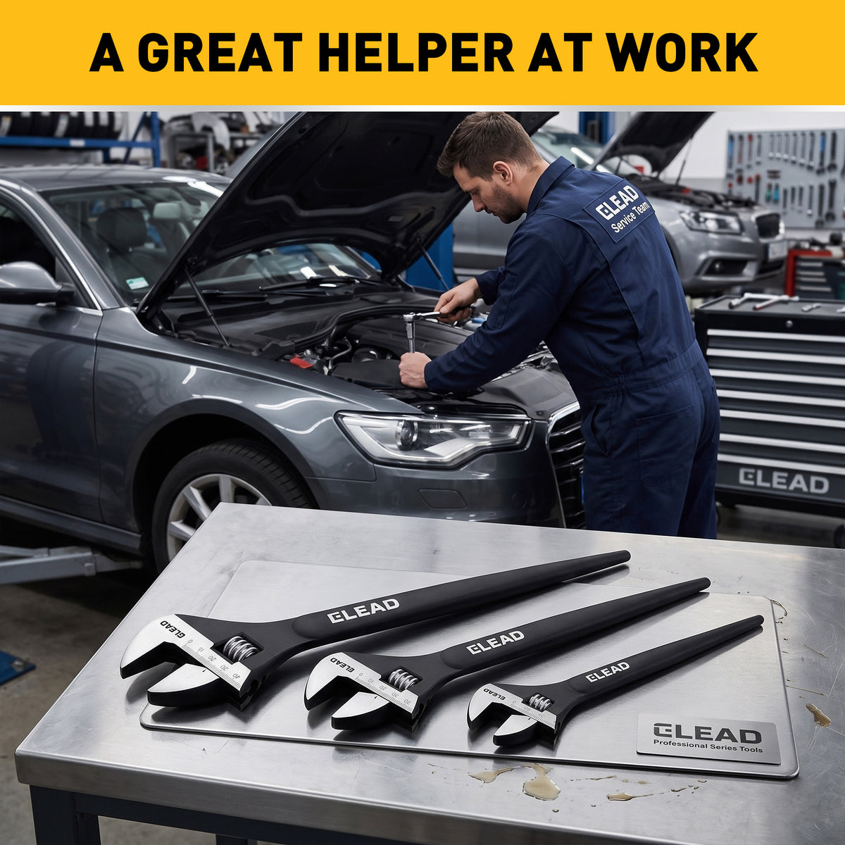 3-piece adjustable spud wrench set with 10, 12 and 16 inch CR-V steel wrenches, tapered pry bar handles and SAE metric scales