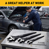 3-piece adjustable spud wrench set with 10, 12 and 16 inch CR-V steel wrenches, tapered pry bar handles and SAE metric scales