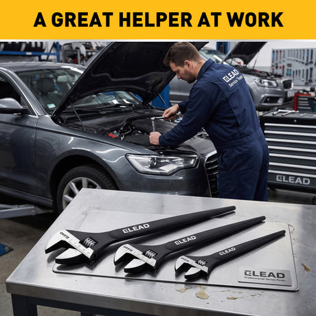 3-piece adjustable spud wrench set with 10, 12 and 16 inch CR-V steel wrenches, tapered pry bar handles and SAE metric scales