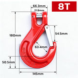 heavy-duty clevis slip hook with safety latch, cotter pin and red powder-coated finish for lifting, towing, recovery and rigging applications