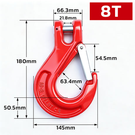 heavy-duty clevis slip hook with safety latch, cotter pin and red powder-coated finish for lifting, towing, recovery and rigging applications