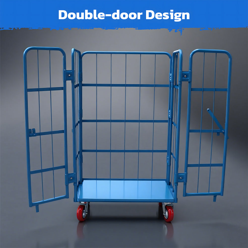 Blue heavy duty double-door logistics trolley cage with lockable swivel rubber wheels for warehouse storage and transport