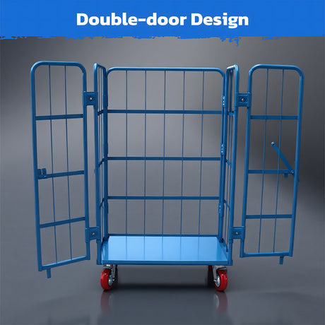 Blue heavy duty double-door logistics trolley cage with lockable swivel rubber wheels for warehouse storage and transport