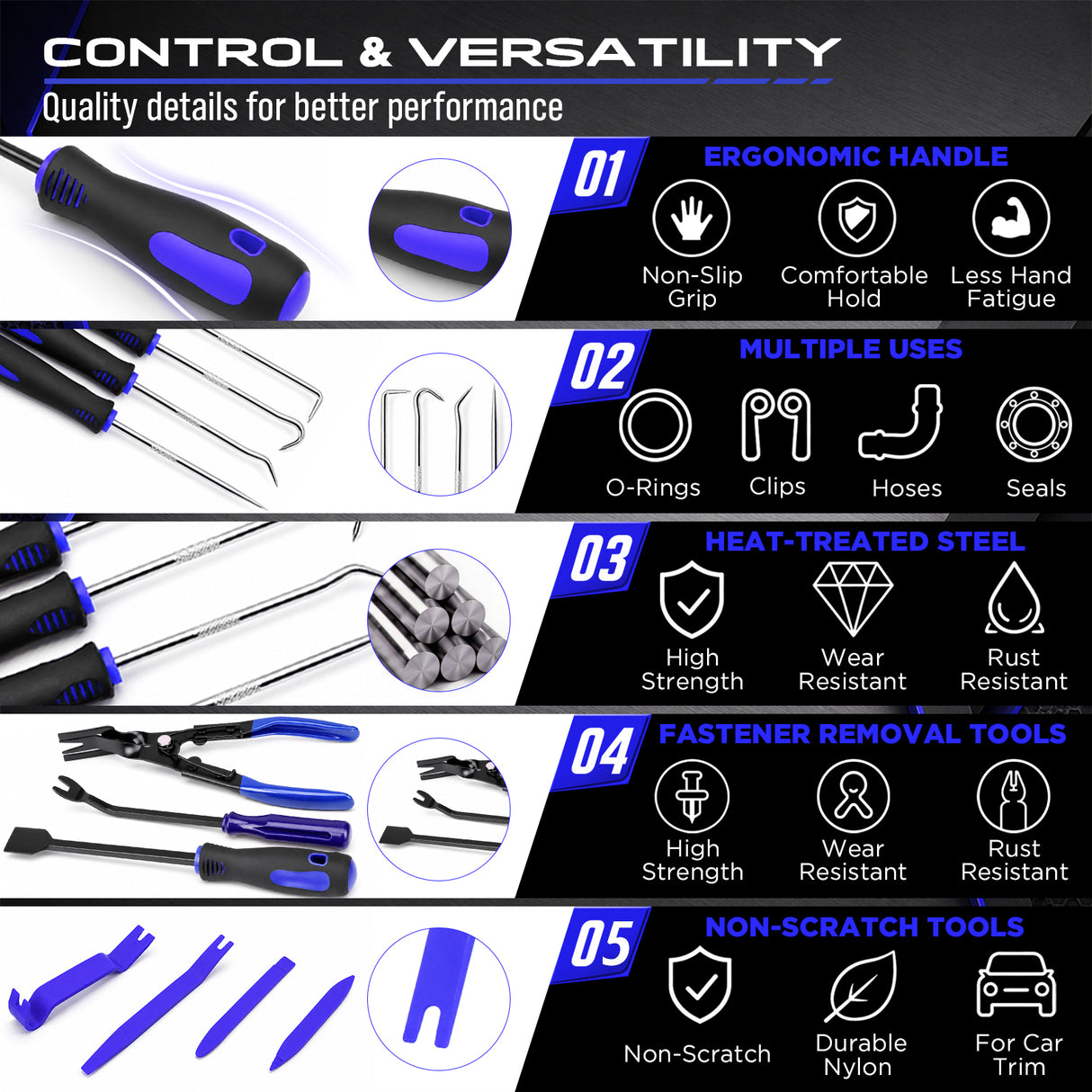 17-piece automotive trim removal and pick tool set with blue nylon pry tools, heat-treated steel hooks, clip removal pliers, ergonomic handles, roll-up pouch and extendable LED magnetic pickup tool for car panels, clips, seals, O-rings and small metal parts