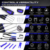 17-piece automotive trim removal and pick tool set with blue nylon pry tools, heat-treated steel hooks, clip removal pliers, ergonomic handles, roll-up pouch and extendable LED magnetic pickup tool for car panels, clips, seals, O-rings and small metal parts