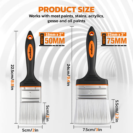 2 inch and 3 inch flat paint brush set with polyester bristles, stainless steel ferrule and plastic handle for paints, stains, acrylics and DIY projects