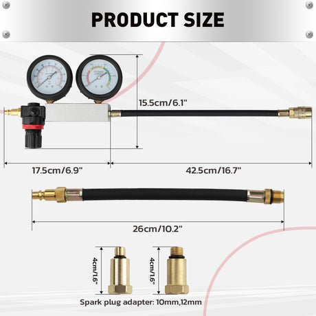 cylinder leak down tester kit dual gauge engine compression tester air powered automotive diagnostic tool with hose adapters 10mm 12mm 14mm for car motorcycle engine testing
