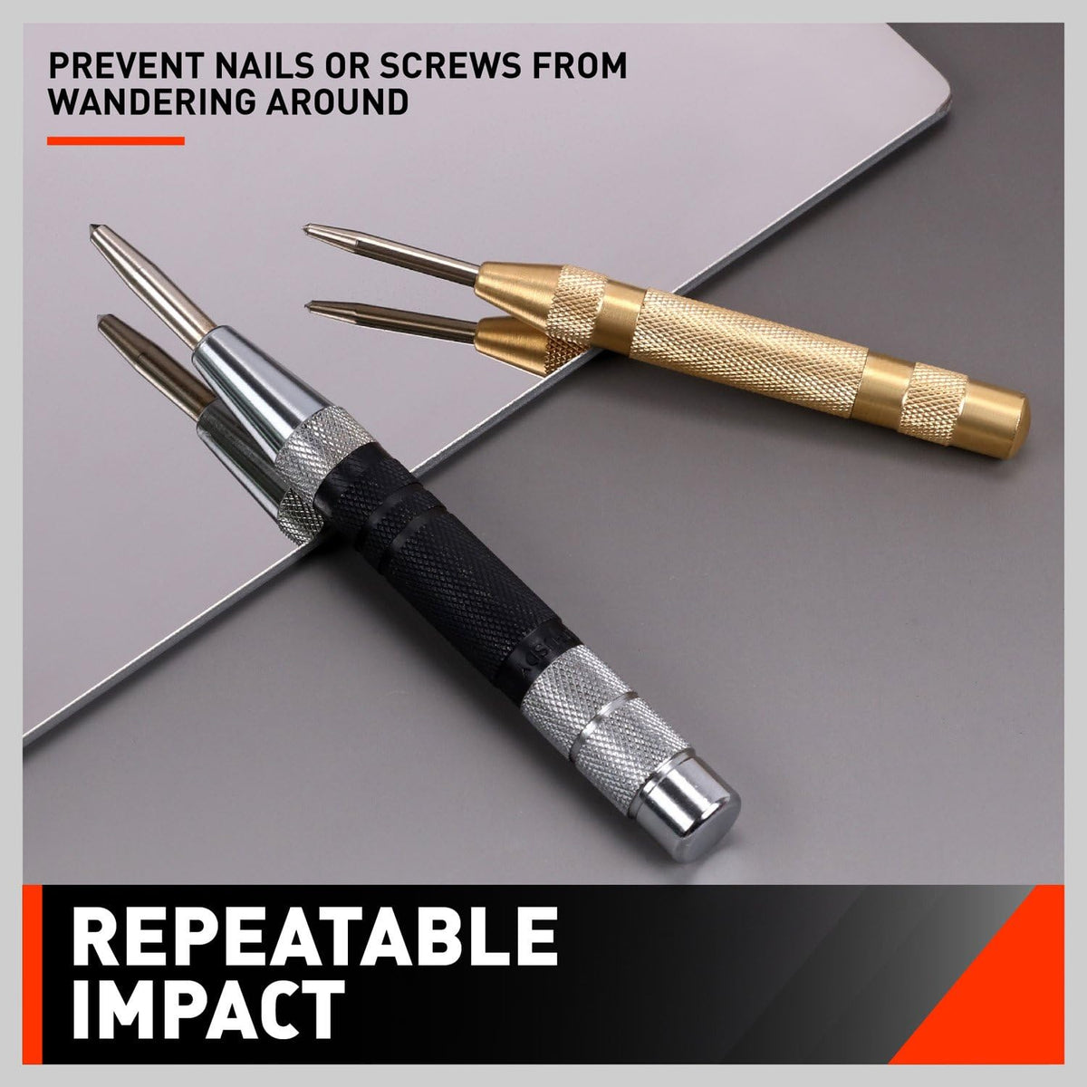 2-piece automatic center punch set with adjustable spring-loaded mechanism, hardened chrome vanadium steel tips and knurled grips for metal and woodworking