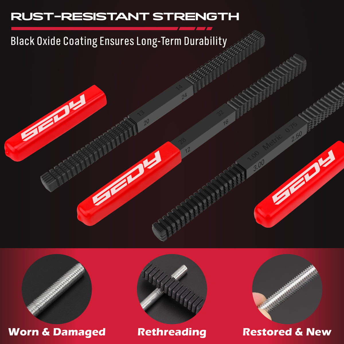 3-piece thread repair file set with metric and inch thread chasers for restoring damaged threads on bolts, studs, screws and pipes