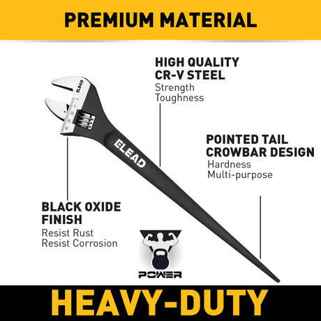 3-piece adjustable spud wrench set with 10, 12 and 16 inch CR-V steel wrenches, tapered pry bar handles and SAE metric scales