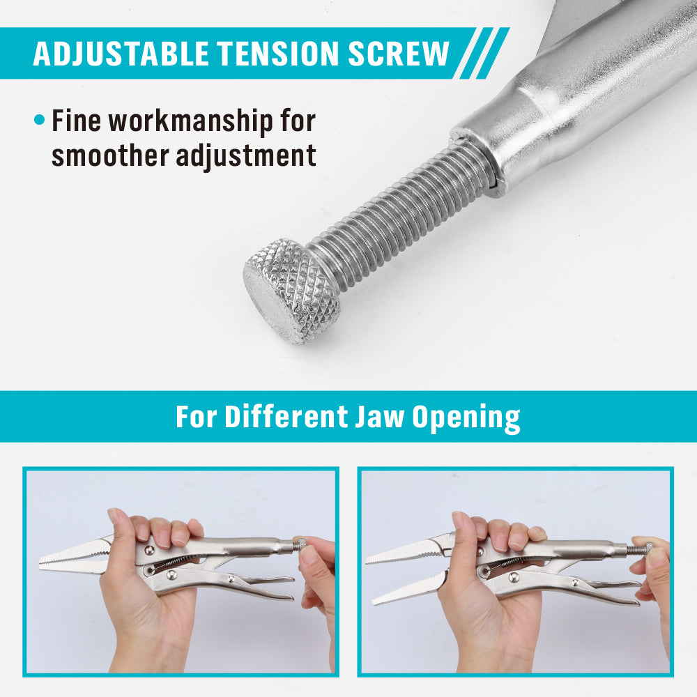 9.5-inch long nose locking pliers made of CR-MO steel with adjustable tension screw, quick release trigger and long narrow jaws